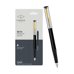 Parker Beta Premium Chrome Trim Fountain Pen Gold Finish Cap With 1 Ink Cartridge